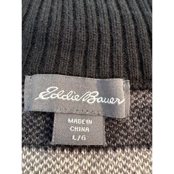 Mens Eddie Bauer Black Gray Mock Neck 1/4 Zip Fair Isle Sweater Nordic Print L - Picture 4 of 6